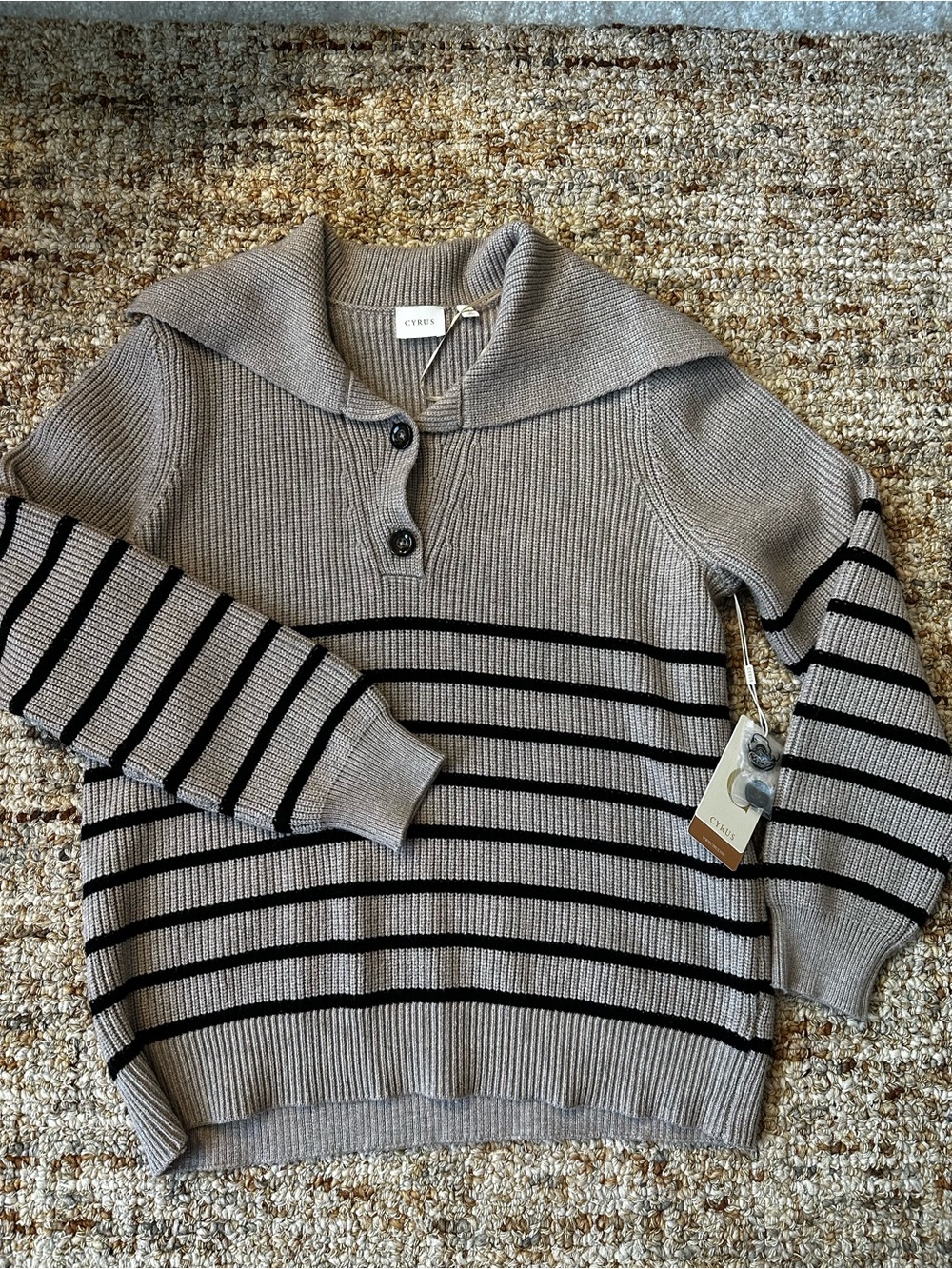 Cyrus Taupe and Black Striped V-Neck Pullover